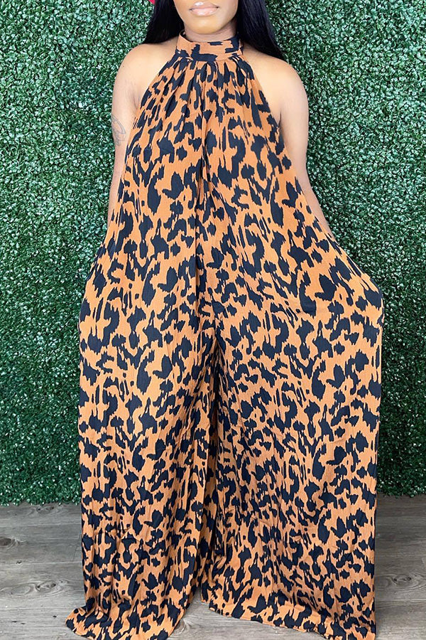 Casual Leopard print Halter Oversized Jumpsuit