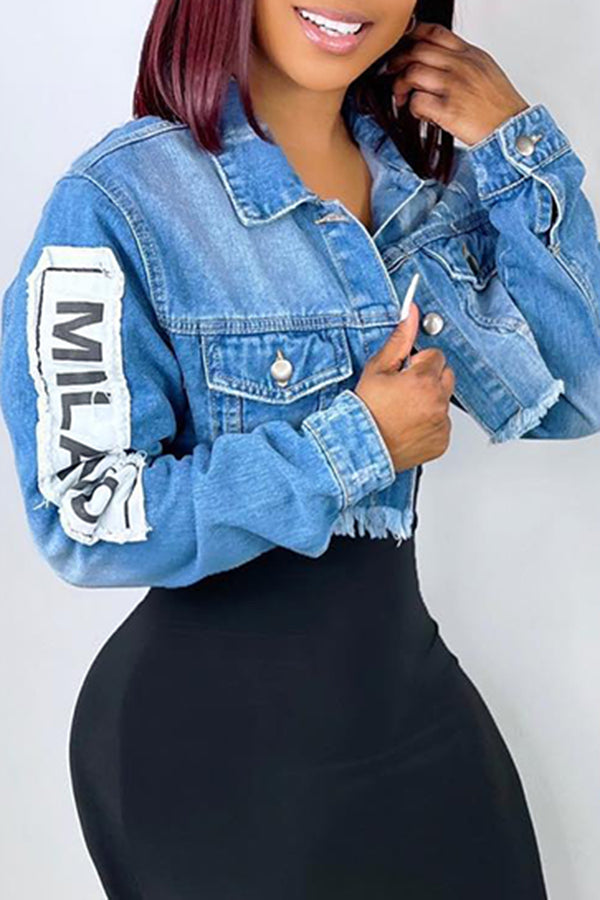 Chic Letter Embroidery Denim Jacket