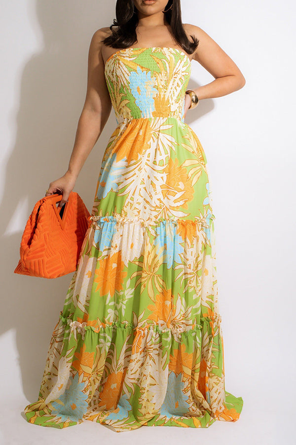 Tube Top Pleated Floral Panel Maxi Dress