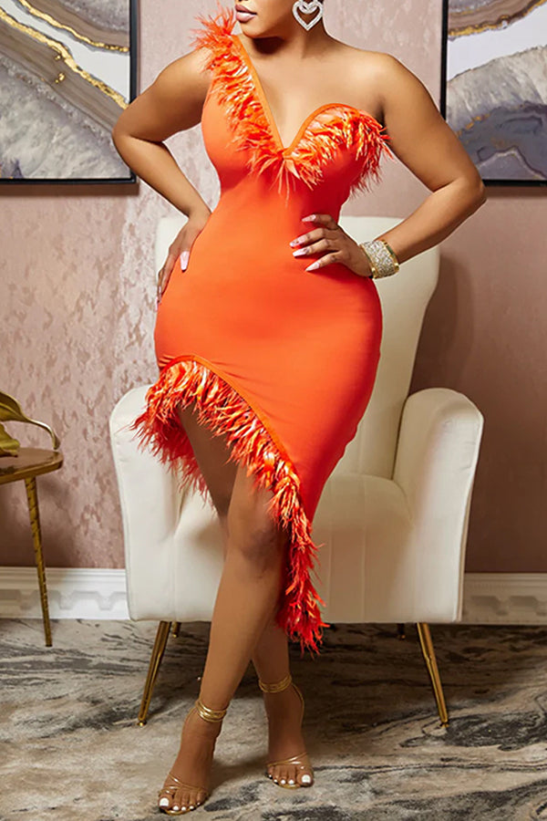 One Shoulder Irregular Feathers Party Dress
