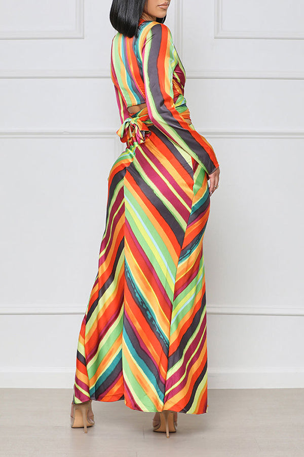 V-Neck Colorful Striped Top & Skirt Set