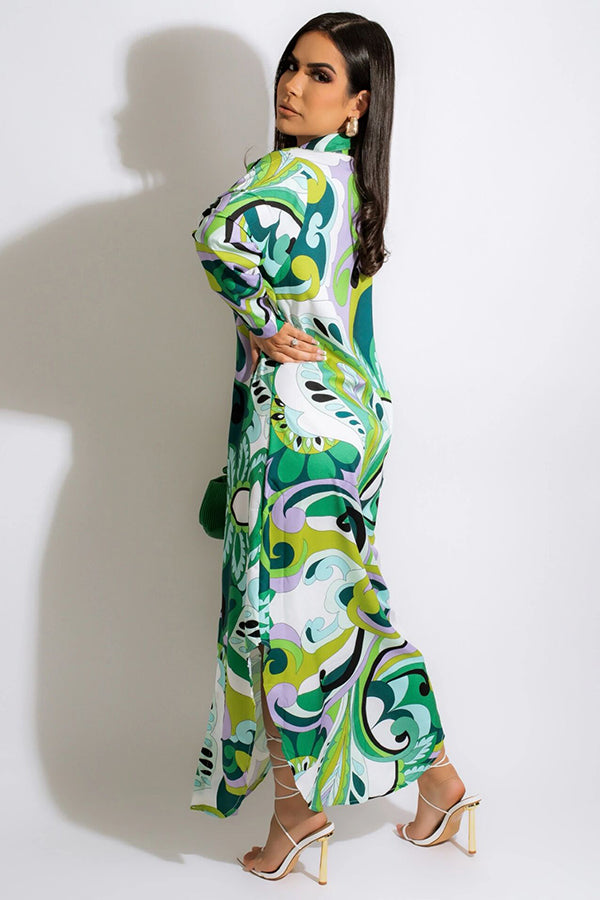 Allover Print Stylish Lapel Shirt Dress