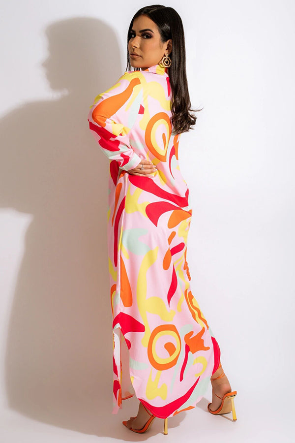Allover Print Stylish Lapel Shirt Dress