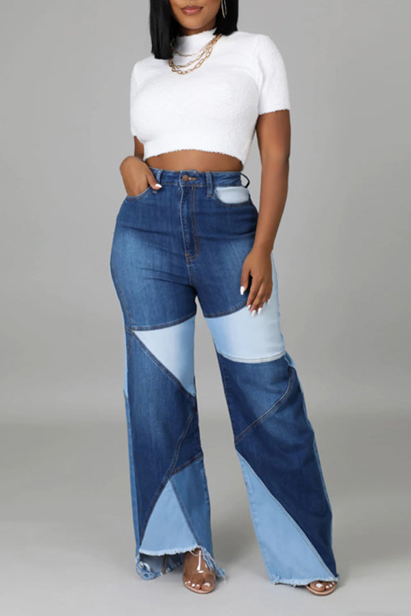 Patchwork High-waist Pockets Jeans