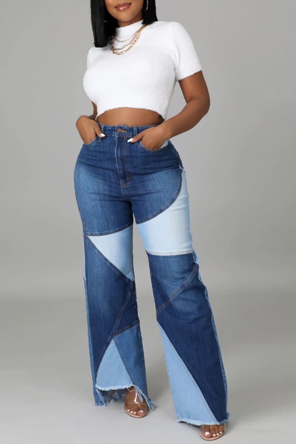 Patchwork High-waist Pockets Jeans