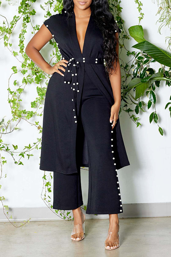 Beads Detail Belted Robe & Ankle Pants Set
