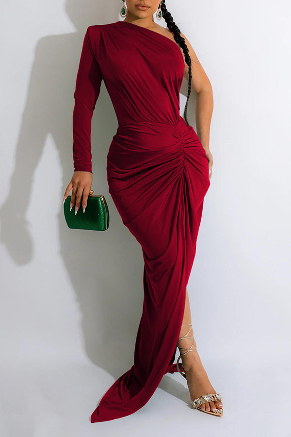 One Sleeve Ruched Evening Dress