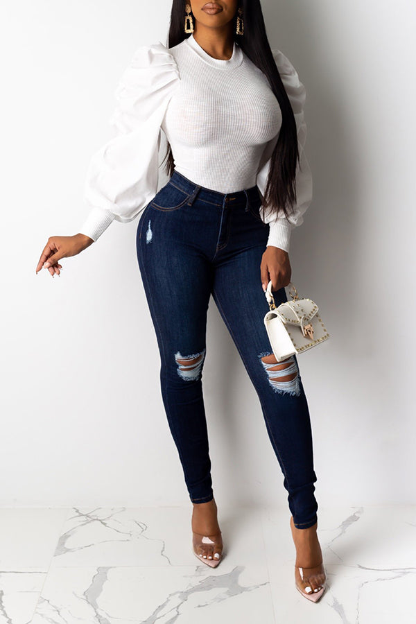 Solid Puff Sleeve Stitching Blouse