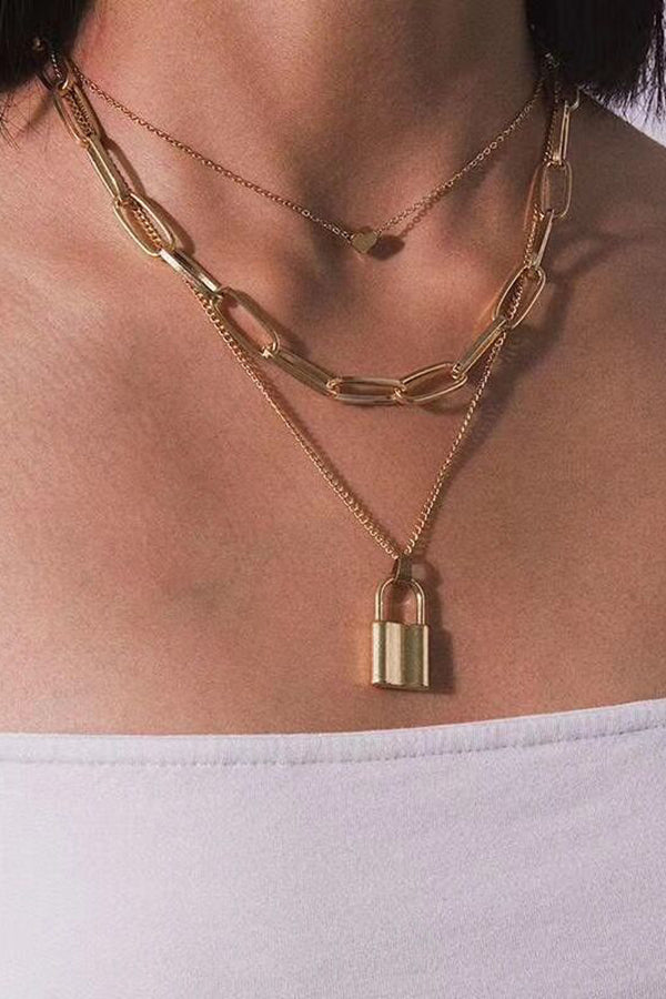 Layered Geometric Lock Heart Necklace