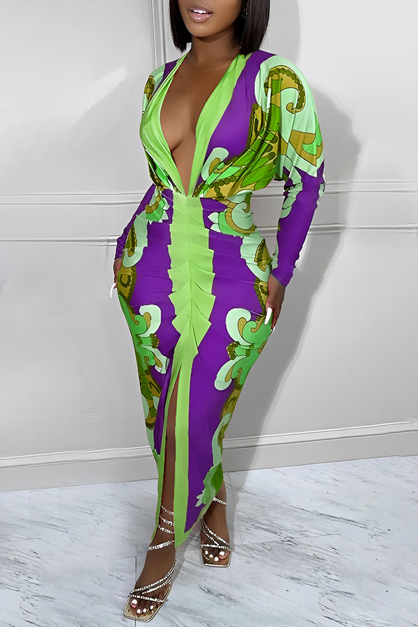 Deep V Printed Slim Maxi Dress