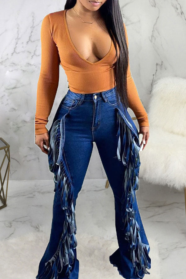Fringed Stretch Flared Jeans