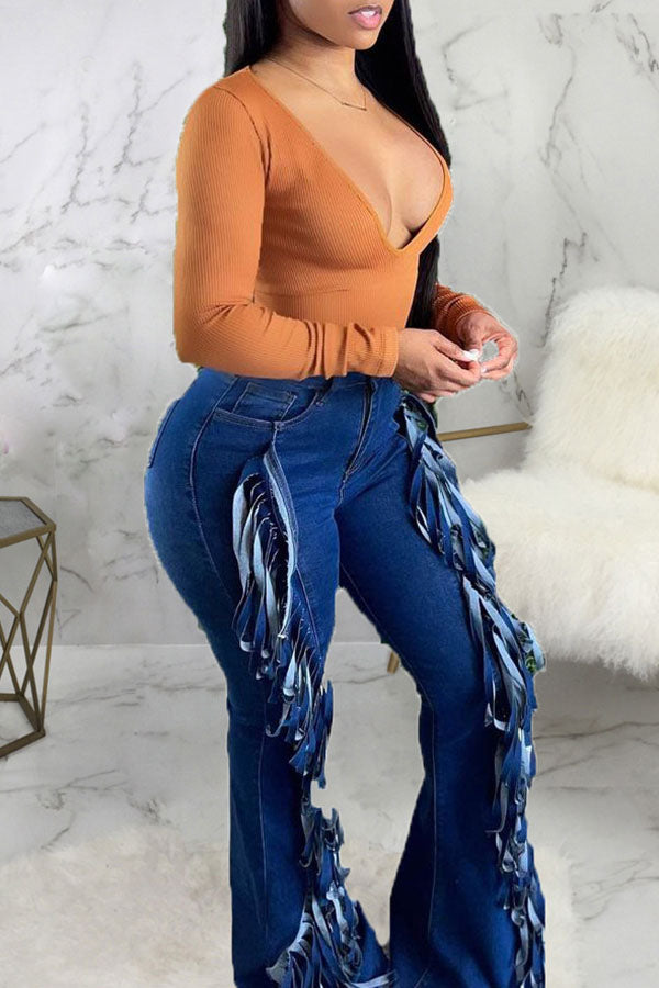 Fringed Stretch Flared Jeans