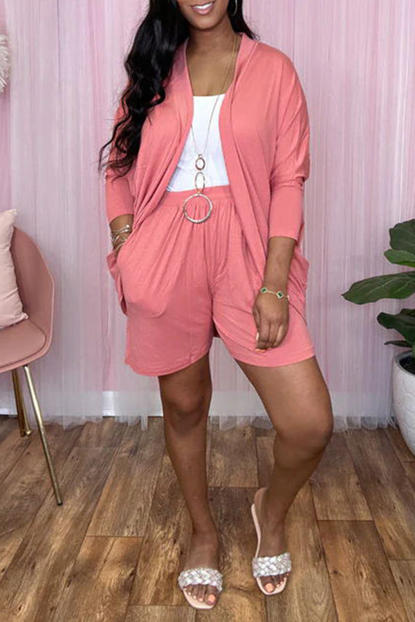 Casual Solid Color Cardi & Shorts Set
