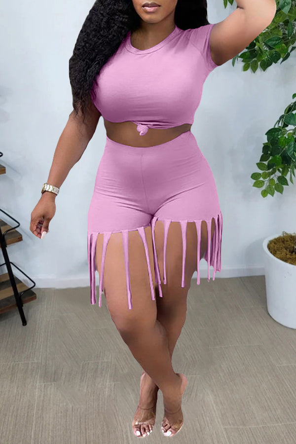 Solid Color Tassels Two Piece Shorts Suit
