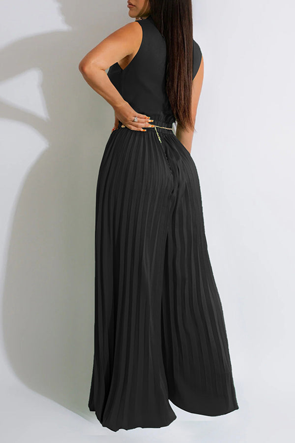 V-neck Collared Sleeveless Pleated Belt Loose Jumpsuits