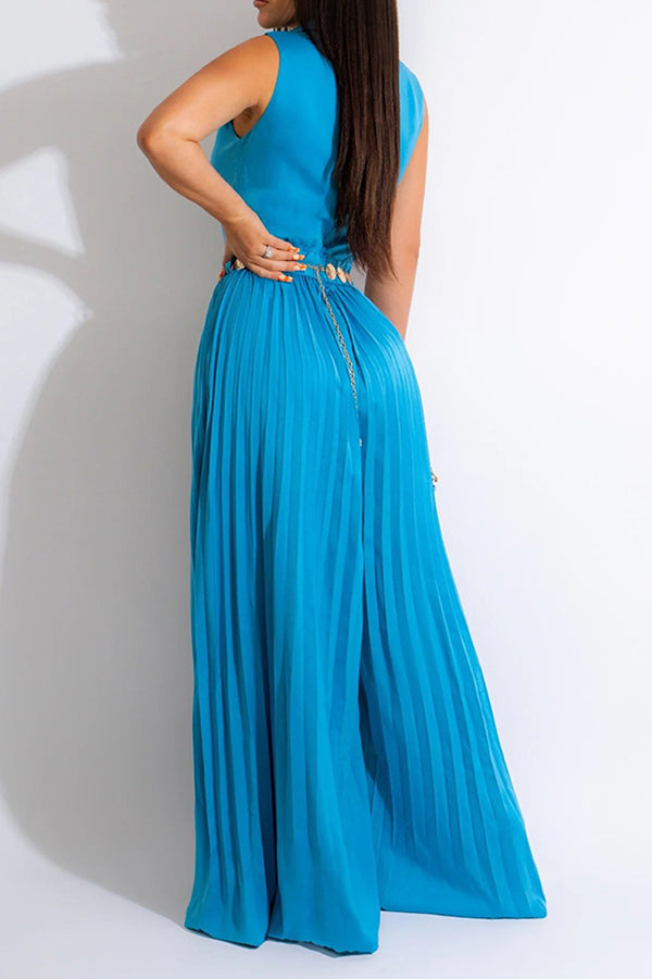 V-neck Collared Sleeveless Pleated Belt Loose Jumpsuits