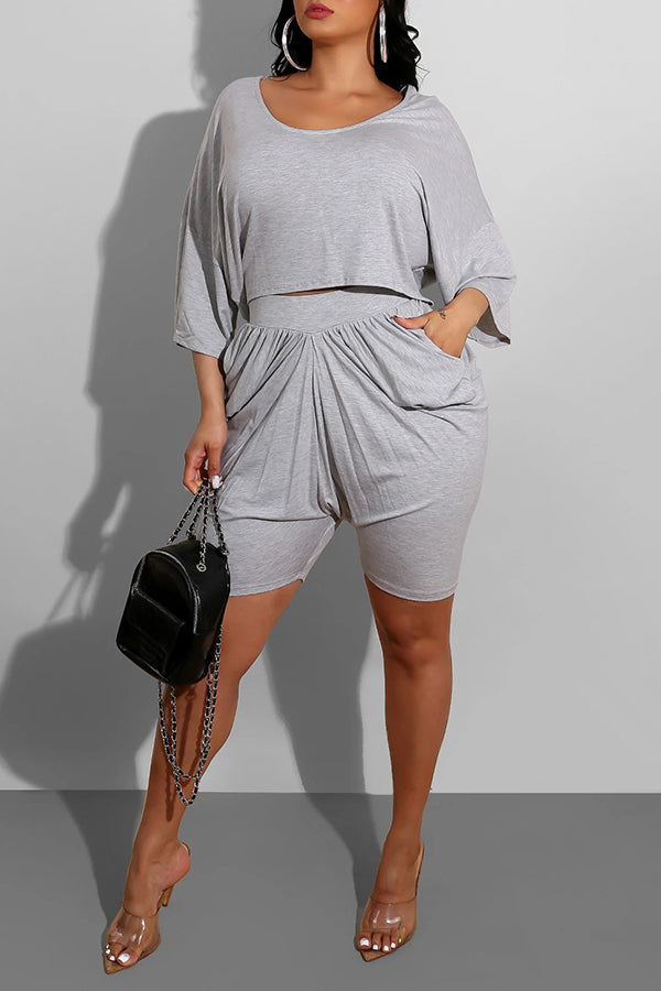 Casual Solid Color Ruched Top & Shorts Set