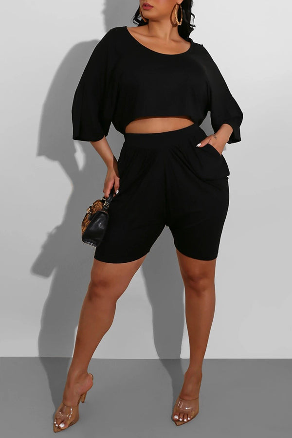 Casual Solid Color Ruched Top & Shorts Set