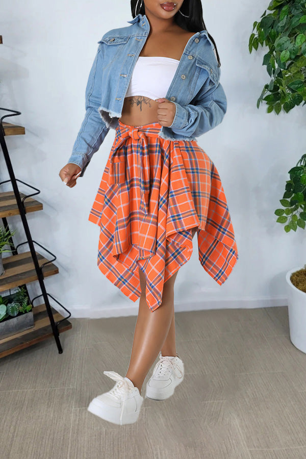 Casual Asymmetrical Hem Plaid Skirt