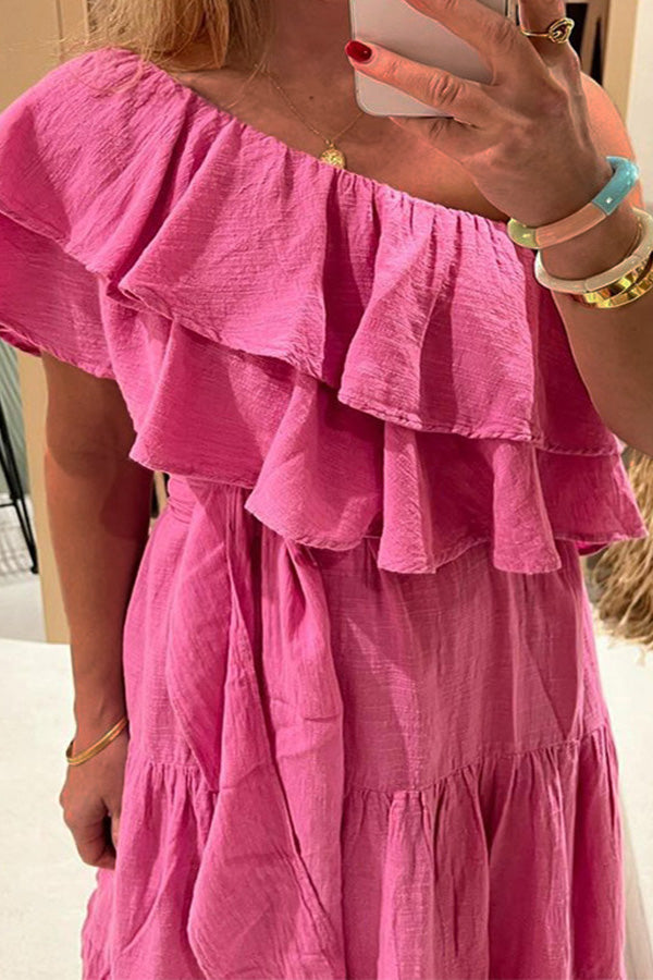 Casual Solid Color One Shoulder Ruffle Dress