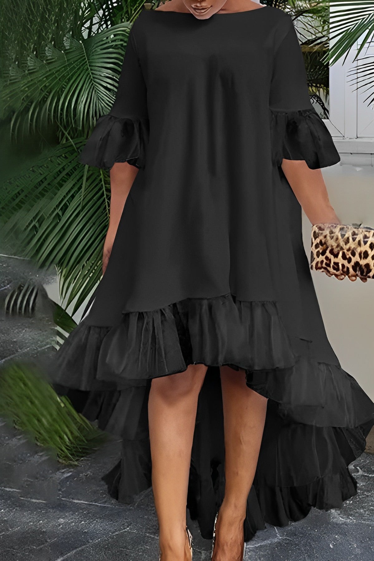 Chic Solid Color Ruffled High Low Dress