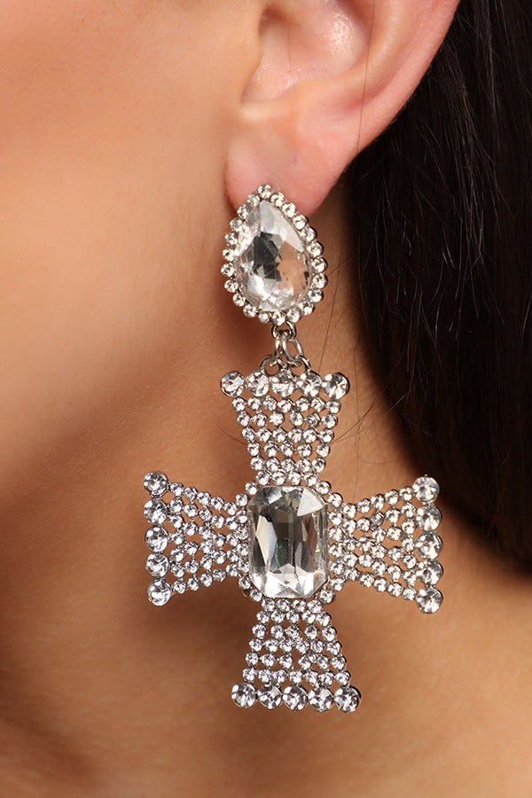 Glittery Rhinestone Cross Drop Earrings