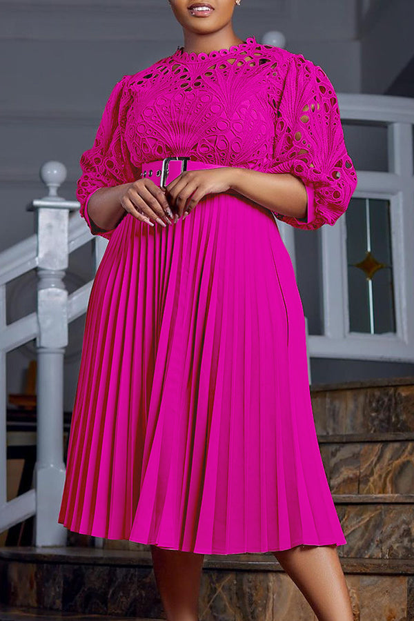 Lace Crochet Pleated Midi Dress