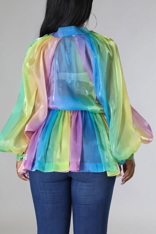 Colorful Bubble Sleeve Self Tie Sheer Blouse