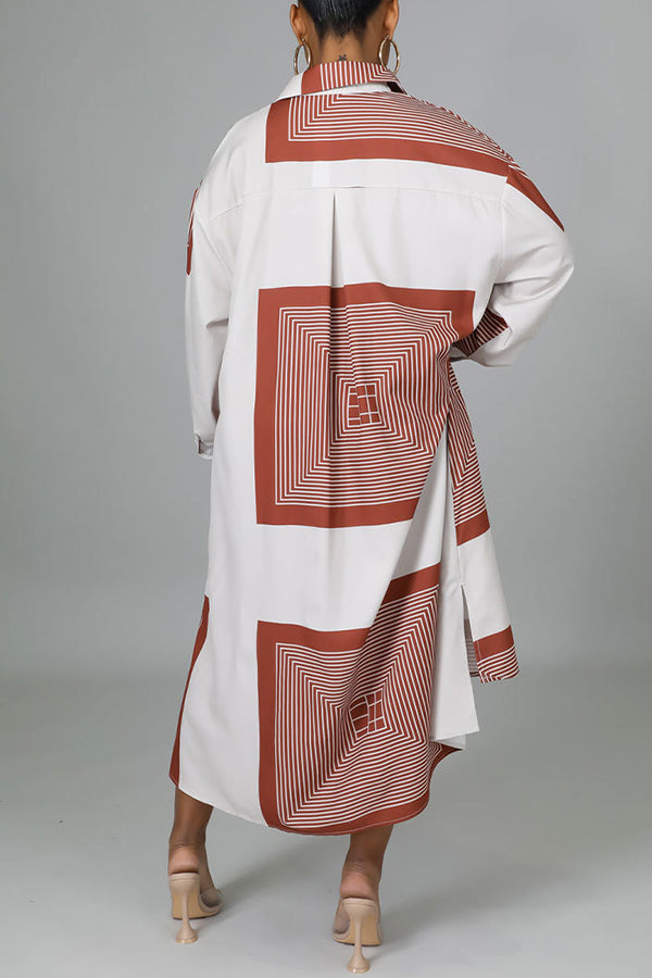 Abstract Print High Low Hem Midi Shirt Dress