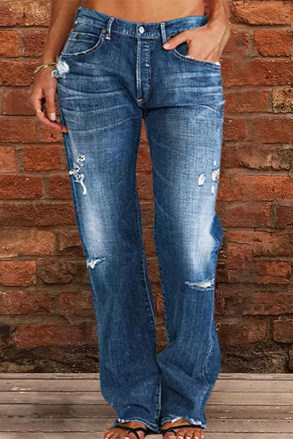 Casual Middle Rise Ripped Straight Cut Jeans