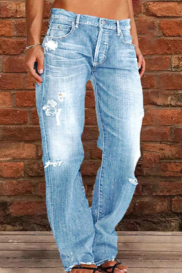 Casual Middle Rise Ripped Straight Cut Jeans