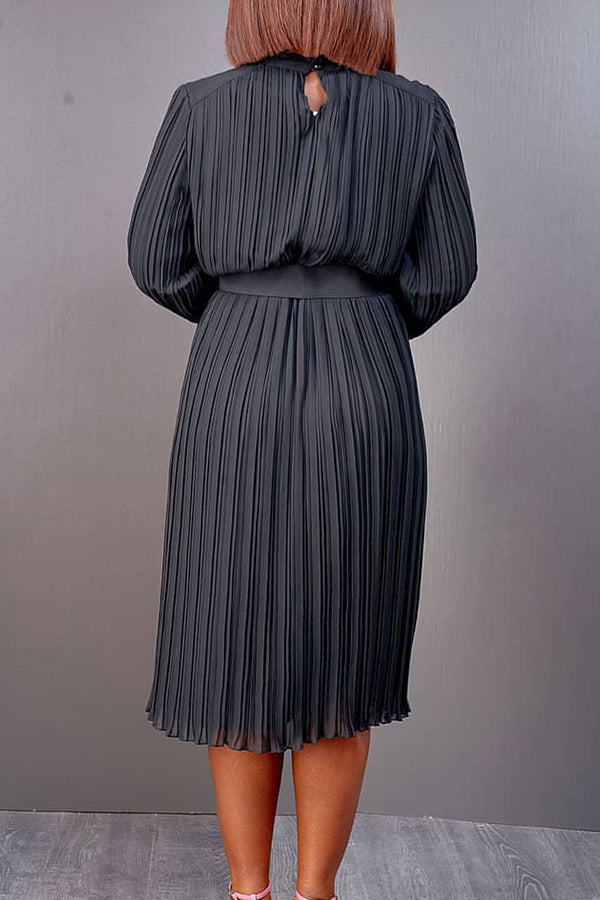 Solid Color Pleated Midi Dress With Belt