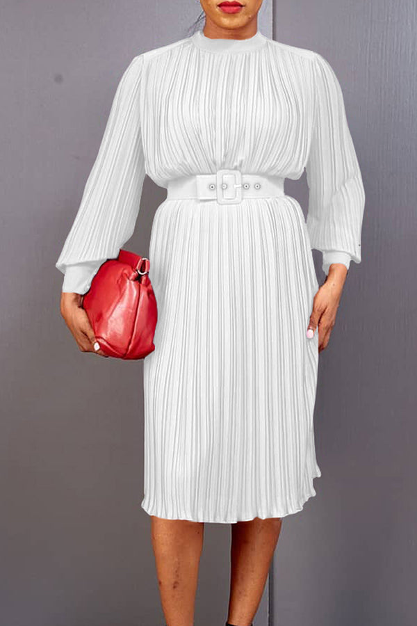 Solid Color Pleated Midi Dress With Belt