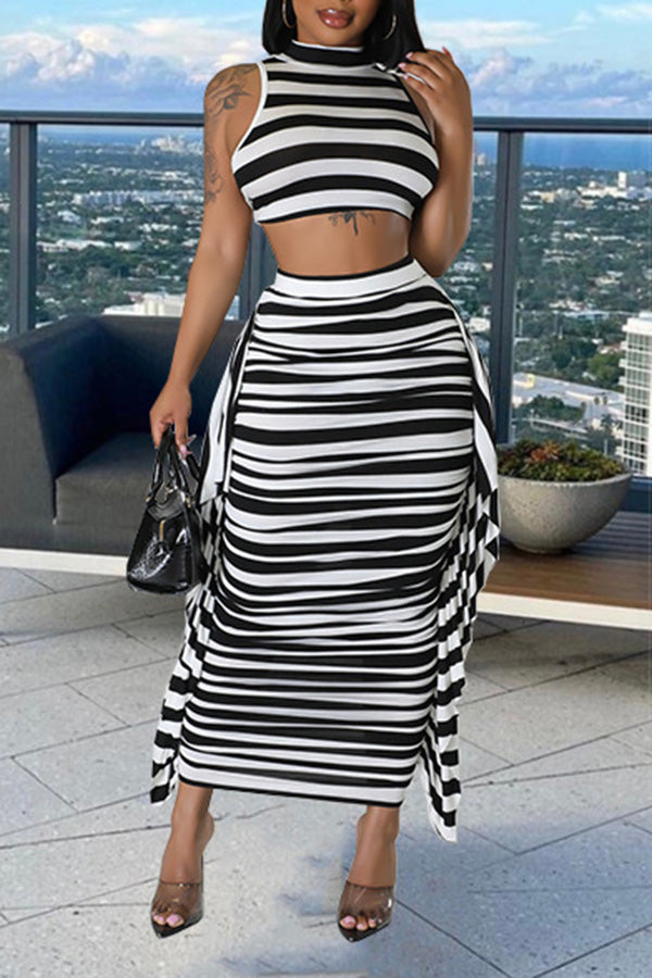 Striped Crop Top & Fringe Side Skirt Suit