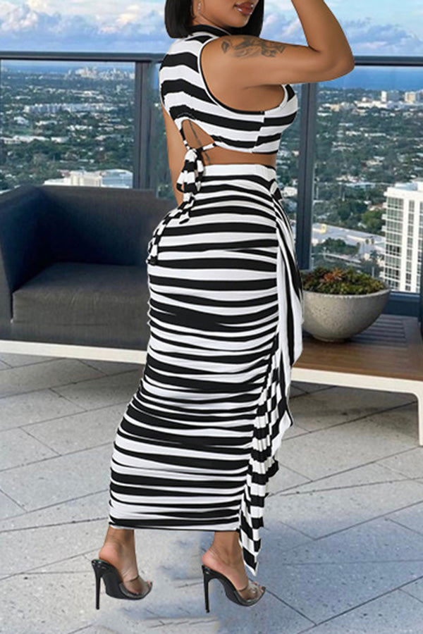 Striped Crop Top & Fringe Side Skirt Suit